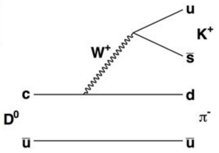 Feynman diagram showing a D0 meson decaying into a K+ and a pi- meson through the exchange of a W+ boson.
