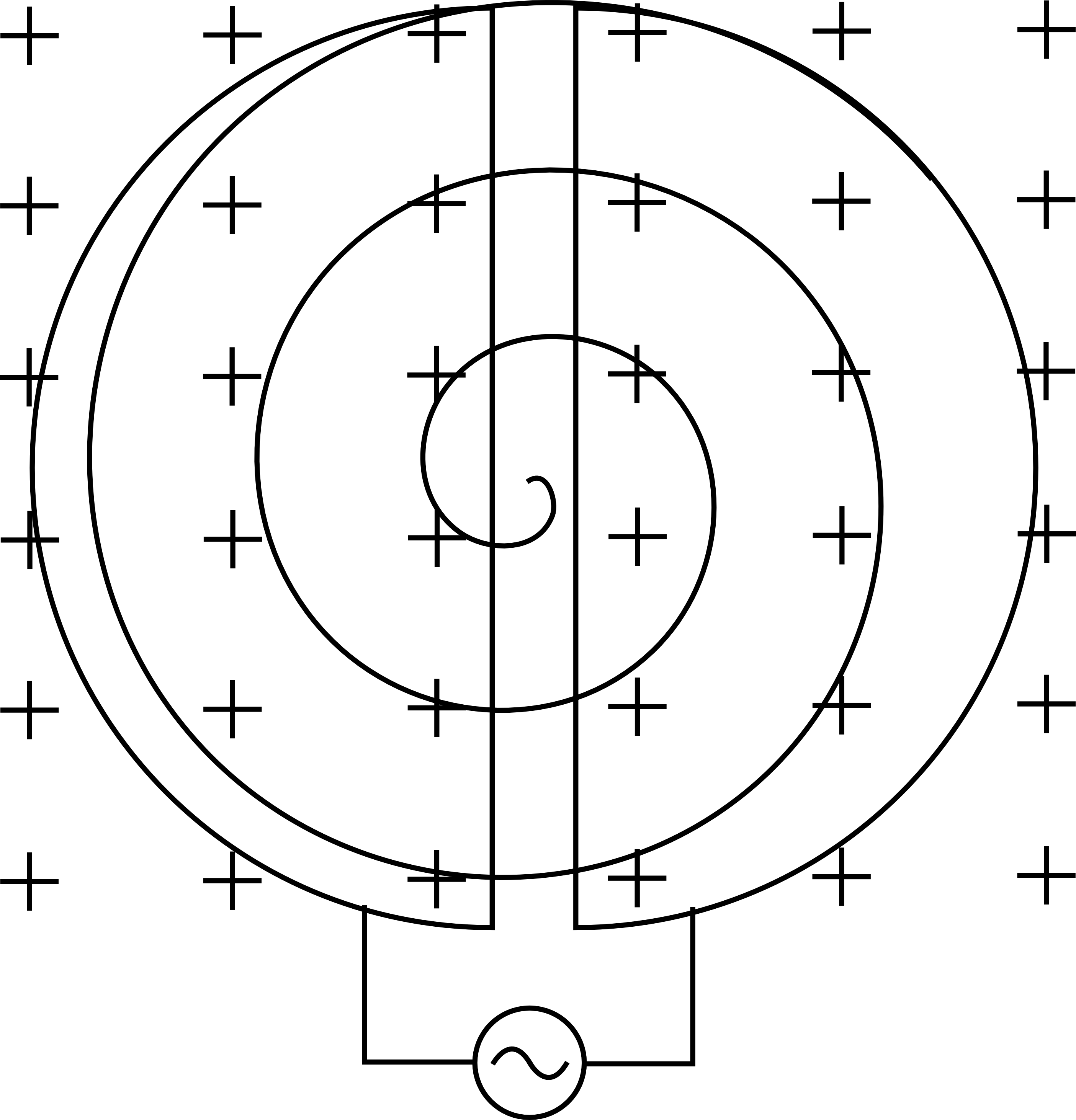 Diagramatic representation of a cyclotron, featuring an inner spiral path between two D-shaped regions (dees), two vertical parallel electrodes, and an AC voltage source, all within a magnetic field directed out of the page (plus signs).