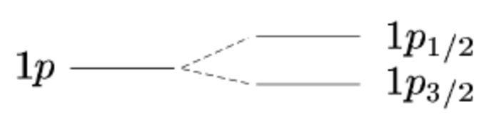 Diagram showing the splitting of the 1p energy level into $1p_{1/2}$ and $1p_{3/2}$ levels, a fine structure splitting.