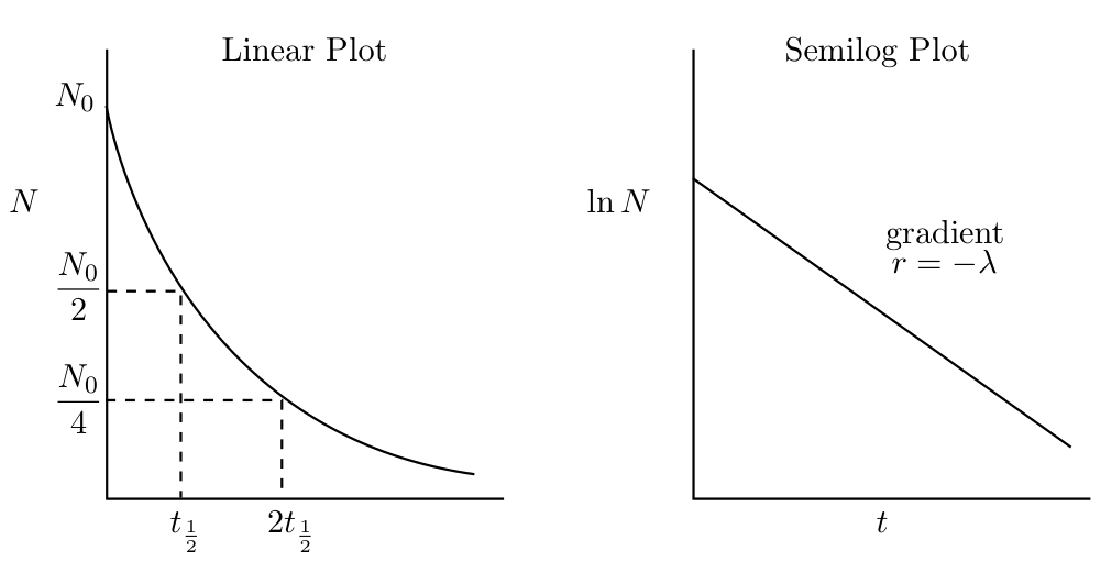 The image contains two plots illustrating exponential decay: the linear plot of $N$ versus time $t$ shows a curve decreasing from $N_0$ with half-lives marked, and the semilog plot of $\ln N$ versus $t$ shows a straight line with a constant negative slope labeled $r = -\lambda$.