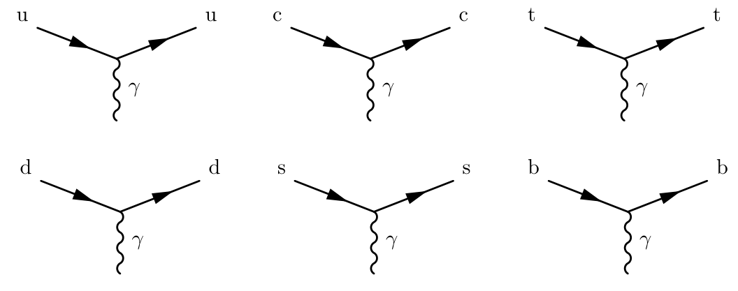 Six Feynman diagrams illustrating quantum electrodynamic quark interactions, with an incoming quark emitting a photon ($\gamma$) and resulting in the same outgoing quark (u, c, t, d, s, b).